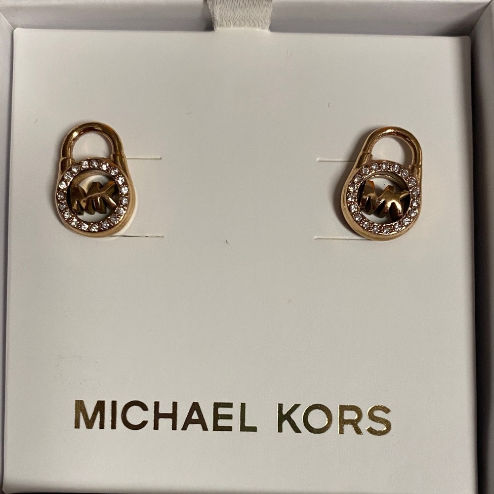 Michael Kors Rose Gold Padlock Logo Crystal Stud Earrings - Picture 3 of 12